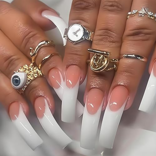 20Stk XXL Lange Press On Nägel, Gebogene French Tip Nägel zum Aufkleben, für Party, Hochzeit & Alltag für Damen (Rosa & Weiß) von Cosblisvia