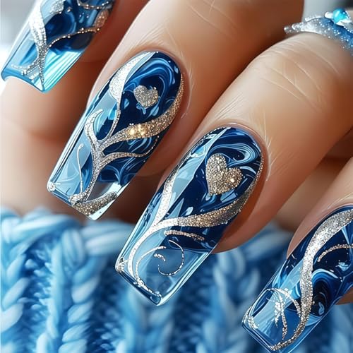 24 Stk Blaue Press-On-Nägel mit Goldener Kurve, Mittelgroß Quadratisch Acryl Nägel zum Aufkleben für Frauen, Mädchen Party & Alltag 24 Stk Blaue Press-On-Nägel mit Goldener Kurve, Mittelgroß Quadratisch Acryl Nägel zum Aufkleben für Frauen, Mädchen Party & Alltag von Cosblisvia