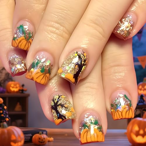 24Stk Halloween Press On Nägel Kurz, Orange Herbst Nägel mit Süßem Kürbis Design, für Damen Herbst & Halloween Party (Orange) von Cosblisvia