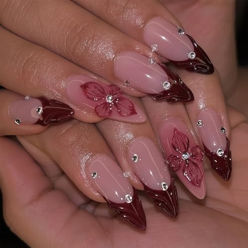 24Stk Press On Nägel Kurz Mandel, 3D Blumen Künstliche Nägel, Nagelset für Party, Hochzeit & Alltag für Damen (Rot & Rosa) von Cosblisvia