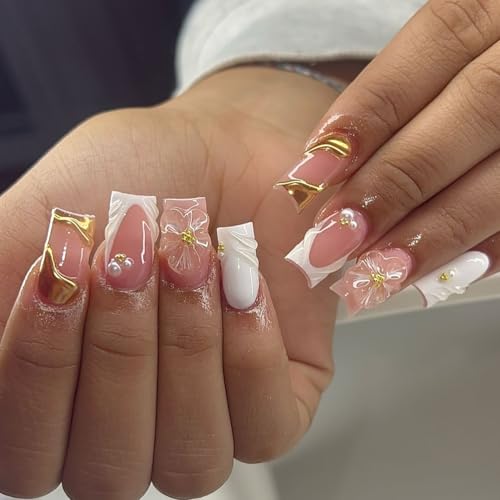 Cosblisvia 24 Stück mittelgroße quadratische Press-On-Nägel, 3D-Goldperlen-Press-Ons für Damen-Urlaub, Party und tägliche Nagelkunst (Pink und Weiß) von Cosblisvia