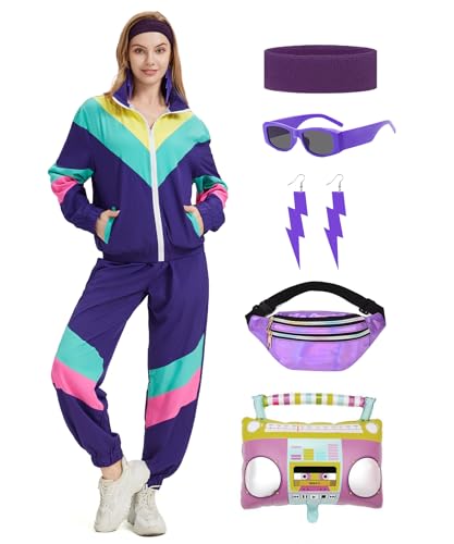 Coseaon 80er 90er Jahre Outfit Damen Trainingsanzug Jacke Hose Anzug 80er Retro Kleidung Accessoire 80s Kostüm Halloween Karneval Party (Dunkellila, L) von Coseaon