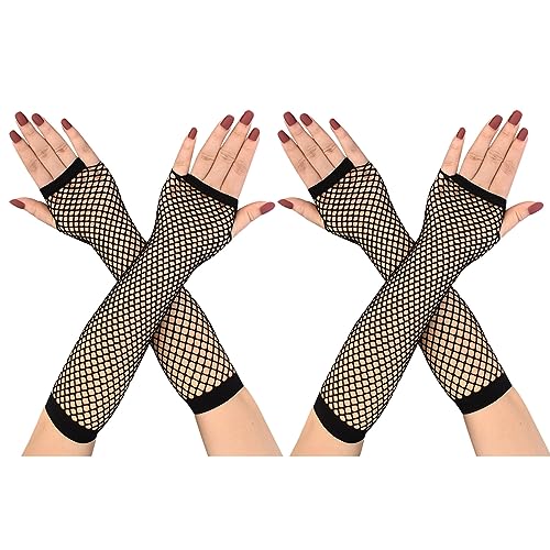 COSFAN 2 Paar Damen Netzhandschuhe,Lange Fingerlose Mesh Handschuhe,Elastische Hohle Handschuhe für Kleid Tanz Party Kostüm Zubehör (Schwarz) von COSFAN