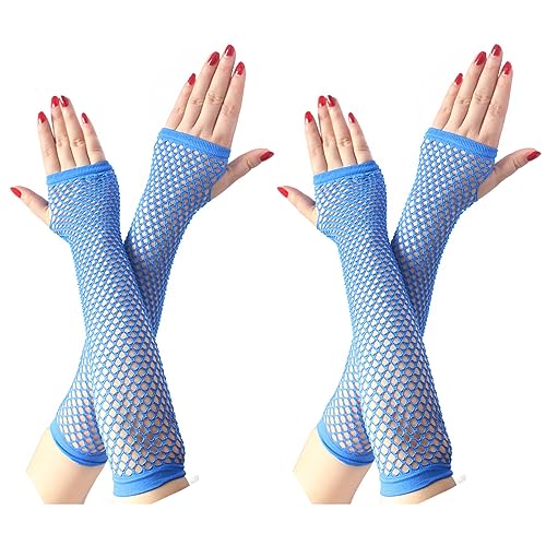 COSFAN 2 Paar Lange Netzhandschuhe, Damen Fingerlose Mesh Handschuhe, Mädchen Hohle Handschuhe für 80er Jahre Kostüm Tanz Party (Blau) von COSFAN