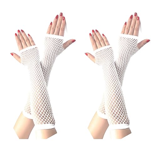 COSFAN 2 Paar Lange Netzhandschuhe, Damen Fingerlose Mesh Handschuhe, Mädchen Hohle Handschuhe für 80er Jahre Kostüm Tanz Party (Weiß) von COSFAN