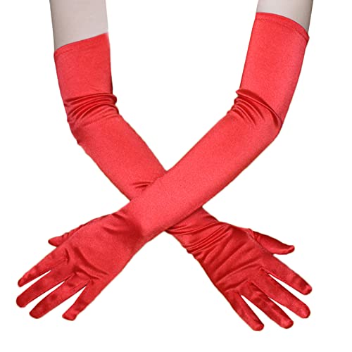 COSFAN Damen lange Handschuhe,Klassische Oper Satin Handschuh,Elastische Braut Handschuhe,1920er Jahre Stil Handschuhe für Frauen Festliche Party Hochzeit Halloween (Rot) von COSFAN