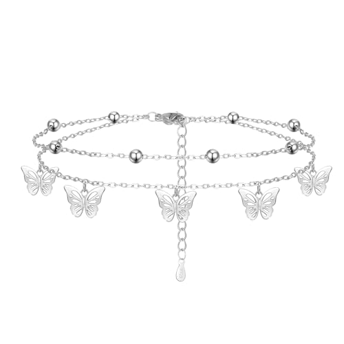 Cosie Lily Fußkettchen für Damen Doppelschicht Fussketten für Frauen Silberschmuck Schmetterling Sommer Barfuß Strand Fusskette Verstellbare Fußkette Boho Fußschmuck von Cosie Lily
