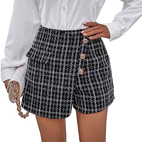 Cosiki Karierte Shorts für Damen, Lockere, Elegante Karo-Shorts, Knopfdekoration, Damen für den Urlaub (M) von Cosiki