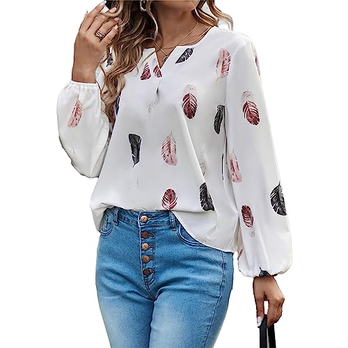 Cosiki Lässiges Feder-Print-Top, Damen-Feder-Print-Bluse, Plissierte Büste, Lockere Frühherbst-Bluse (XXL) von Cosiki