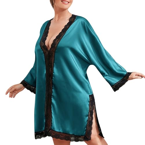Damen-Nachtwäschekleid mit V-Ausschnitt, Modisches V-Ausschnitt-Langarm-Nachtwäschekleid mit Spitzenspleißung für Date Night (1XL) von Cosiki