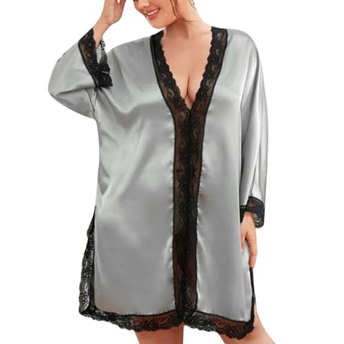Damen-Nachtwäschekleid mit V-Ausschnitt, Modisches V-Ausschnitt-Langarm-Nachtwäschekleid mit Spitzenspleißung für Date Night (2XL) von Cosiki