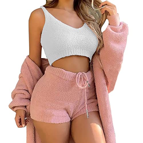 Damen Sexy Warm Fuzzy Fleece 3-Teilig Outfits Pyjamas, Kuscheliges Strickset 3-teilig, Offene Front Kapuzen Cardigan Top Shorts von Coslike