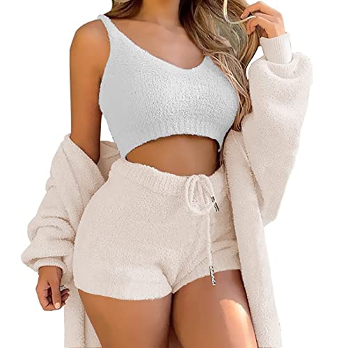 Damen Sexy Warm Fuzzy Fleece 3-Teilig Outfits Pyjamas, Kuscheliges Strickset 3-teilig, Offene Front Kapuzen Cardigan Top Shorts von Coslike