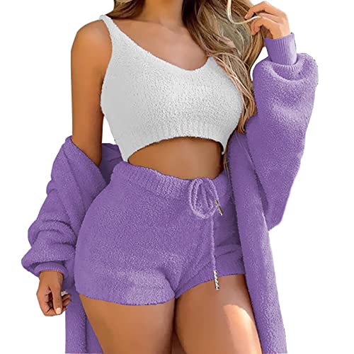 Damen Sexy Warm Fuzzy Fleece 3-Teilig Outfits Pyjamas, Kuscheliges Strickset 3-teilig, Offene Front Kapuzen Cardigan Top Shorts von Coslike