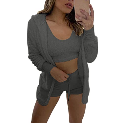 Damen Sexy Warm Fuzzy Fleece 3-Teilig Outfits Pyjamas, Kuscheliges Strickset 3-teilig, Offene Front Kapuzen Cardigan Top Shorts von Coslike