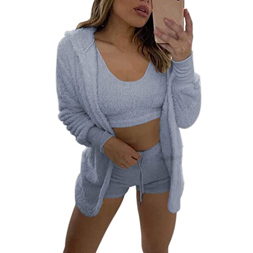 Damen Sexy Warm Fuzzy Fleece 3-Teilig Outfits Pyjamas, Kuscheliges Strickset 3-teilig, Offene Front Kapuzen Cardigan Top Shorts von Coslike