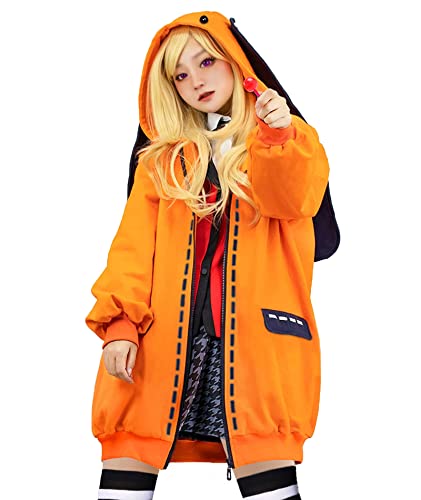 Coslover Anime Yomoduki Runa Cosplay Kostüm Hasenohren Hoodie Kapuzenjacke Mantel Damen Mädchen, Orangefarbener Mantel und Kniestrümpfe, X-Large von Coslover