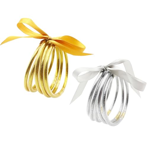 Cosmeria 2 Stück Glitter Jelly Bangle Armband Set für Damen, Leichtes Silikon Armband Set in Gold und Silber, Wasserfest und Funkelnd von Cosmeria