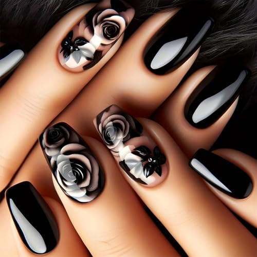 Cosmeria 24 Stück Schwarze Rosen Press On Nägel Mittlere Länge Glänzend Acryl Künstliche Nägel Mit Gel Kleber Für Frauen Mädchen von Cosmeria