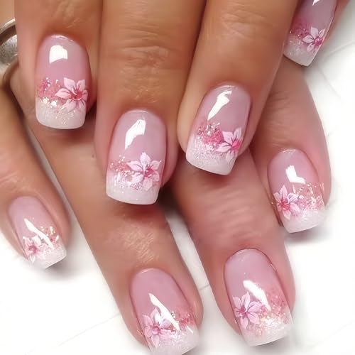 Cosmeria 24Pcs Pink Flower Press on Nails Set, Kurze Künstliche Nägel mit Blümchen, Inklusive Jelly Kleber und Nagelfeile für Frauen und Mädchen von Cosmeria