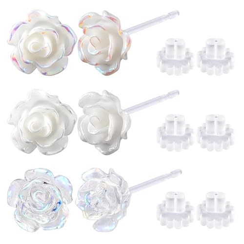 Cosmeria 3 Paar Klare Rosen Ohrringe Für Empfindliche Ohren Hypoallergen Plastikstecker Mit Sicherem Verschluss Für Sport Geburtstagsgeschenke von Cosmeria