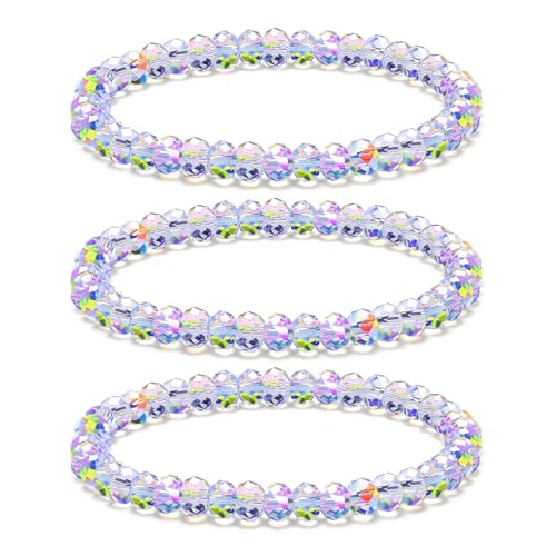 Cosmeria 3 Stück Aurora Borealis Kristall Perlen Armband Set, Modeschmuck Mehrschichtige Armbänder für Damen, Stretch Armband mit Edelstein Perlen (Transparenz) von Cosmeria