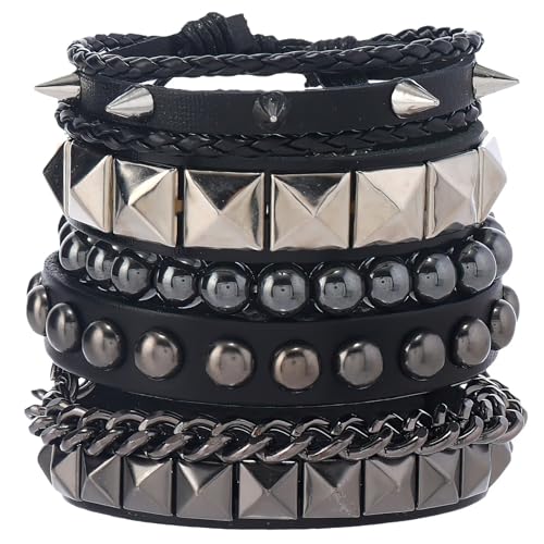 Cosmeria 4er-Set Punk Lederarmbänder Verstellbar Für Herren Und Damen Goth Grunge Accessoires Komfortable Armschmuck Für Partys von Cosmeria