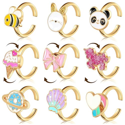 Cosmeria 9er Set Anti Stress Ring, Drehbare Anxiety Ringe, Stapelbare und Verstellbare Beruhigende Fingerringe zur Stressbewältigung und Stimmungsverbesserung von Cosmeria