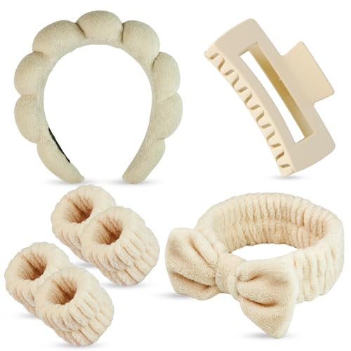 Cosmeria Haarpflege Set Mit Tuch-Haarband, Clean girl must have Schleifen Haarband, Korallenvlies Armreifen Und Haarklammer, Weiche Und Komfortable Materialien von Cosmeria