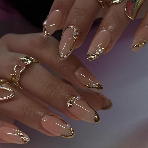 Cosmeria Künstliche Fingernägel Zum Aufkleben, 24 Stück Set Mit Jelly Glue, Goldene French Tip Nägel, Geschenk Für Frauen Und Mädchen von Cosmeria