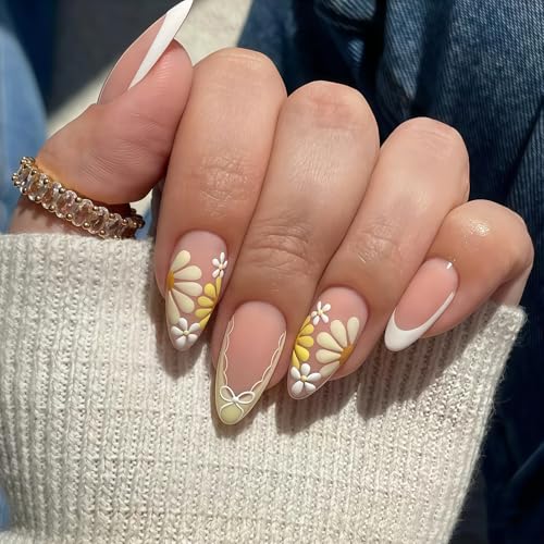 Cosmeria Nägel zum Aufkleben, 24-teiliges Set mit Sommerblumen-Design, Gelbe Blumen Mandelform Künstliche Nägel – Fröhliche Maniküre für Frauen und Mädchen von Cosmeria
