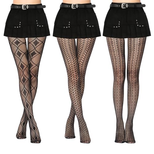 Cosmeria Netzstrumpfhose Schwarz Damen, 3er-Set Mit Muster, Elastisch Und Bequem, Perfekt Für Rave, Halloween Und Tägliche Outfits, Einheitsgröße von Cosmeria