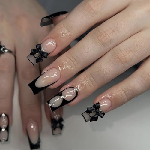 Cosmeria Press On Nails Set, 24 Stück Künstliche Nägel Zum Aufkleben Mit Schleifen-Design, Inklusive Klebeaufkleber Und Nagelfeile, Geschenk Für Frauen von Cosmeria