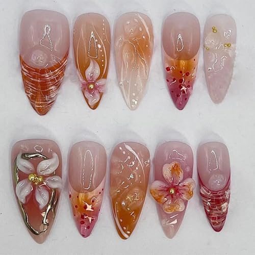 Cosmeria Press on Nails, 24pcs Handmade Medium Almond Fake Nails with 3D Flower Design, Glossy Spring Nails Reusable Summer False Nails for Women Girls Manicure von Cosmeria