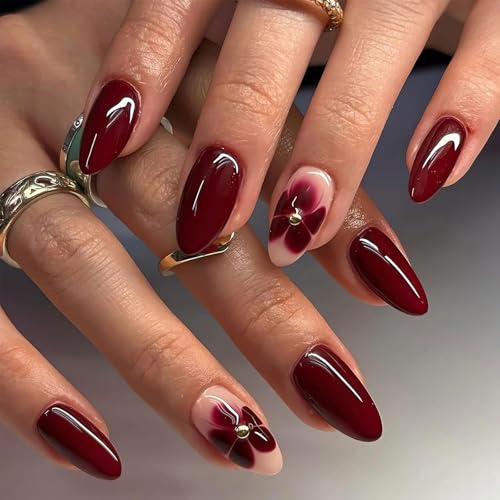 Cosmeria Press on Nails in Rot mit Blumenmuster, 24-teilige k?nstliche Fingern?gel, Mittel-lange Acryln?gel f?r Frauen, DIY Manik?re-Set von Cosmeria