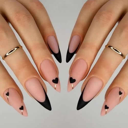 Cosmeria Schwarze Französische Spitze Aufklebbare Nägel Mittel Mit Herzdesign Goldene Linie 24 Stück Künstliche Mandel Nägel Für Frauen Mädchen Maniküre von Cosmeria