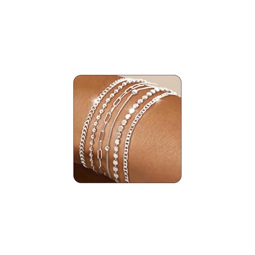 Cosmeria Silber Armband Set Für Damen, 6-teilig Mit Cuban Chain Und Paper Clip Chain, Hypoallergenes Damen Schmuck, Einstellbarer Verschluss, Langlebig Und Elegant von Cosmeria