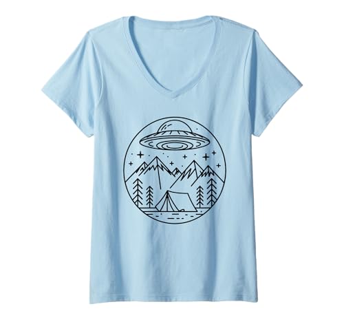 Damen UFO Camping Shirt Alien Raumschiff Berg Wandern Outdoor T-Shirt mit V-Ausschnitt Damen UFO Camping Shirt Alien Raumschiff Berg Wandern Outdoor T-Shirt mit V-Ausschnitt von Cosmic Adventure Alien UFO Apparel Company
