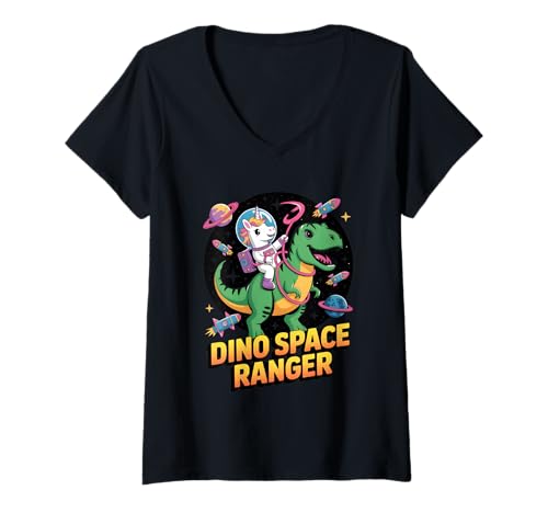 Damen Einhorn Astronaut reitet T Rex Dinosaurier im Weltraum Dino T-Shirt mit V-Ausschnitt Damen Einhorn Astronaut reitet T Rex Dinosaurier im Weltraum Dino T-Shirt mit V-Ausschnitt von Cosmic Adventures