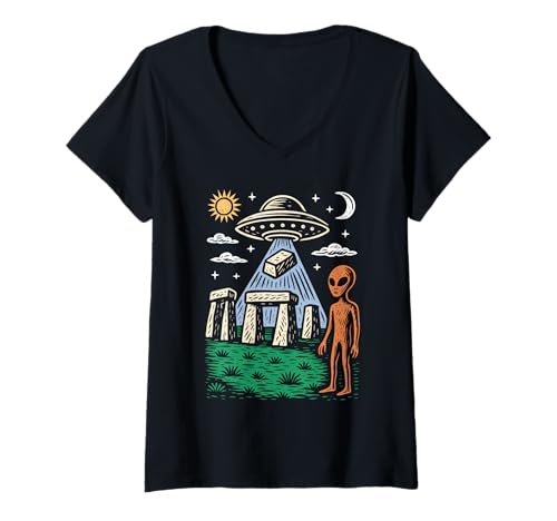 Damen Alien UFO Stonehenge Mystery Außerirdisches Raumschiff T-Shirt mit V-Ausschnitt Damen Alien UFO Stonehenge Mystery Außerirdisches Raumschiff T-Shirt mit V-Ausschnitt von Cosmic Alien UFO Ancient Builders Apparel