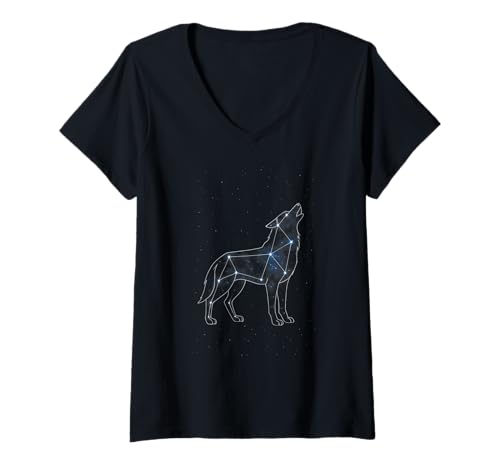 Damen Wolf Sternbild Heulendes Kunstwerk T-Shirt mit V-Ausschnitt Damen Wolf Sternbild Heulendes Kunstwerk T-Shirt mit V-Ausschnitt von Cosmic Animals