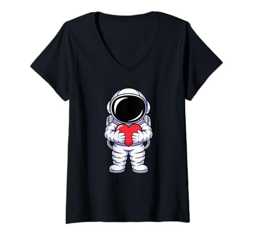 Damen Astronaut hält Herz Symbol Raum T-Shirt mit V-Ausschnitt Damen Astronaut hält Herz Symbol Raum T-Shirt mit V-Ausschnitt von Cosmic Astronaut Heart Space love