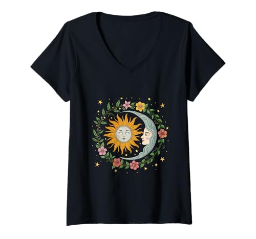 Damen Sonne Mond Yin Yang Celestial Harmony Art T-Shirt mit V-Ausschnitt Damen Sonne Mond Yin Yang Celestial Harmony Art T-Shirt mit V-Ausschnitt von Cosmic Balance Studio