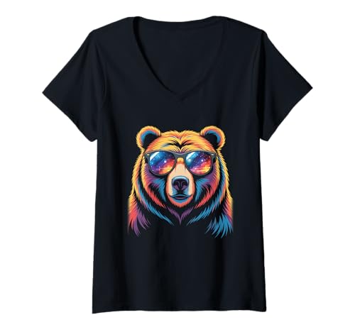 Damen Galaxy Sonnenbrille Bär mit bunter Wildlive Liebhaber Kunst T-Shirt mit V-Ausschnitt Damen Galaxy Sonnenbrille Bär mit bunter Wildlive Liebhaber Kunst T-Shirt mit V-Ausschnitt von Cosmic Beast Threads