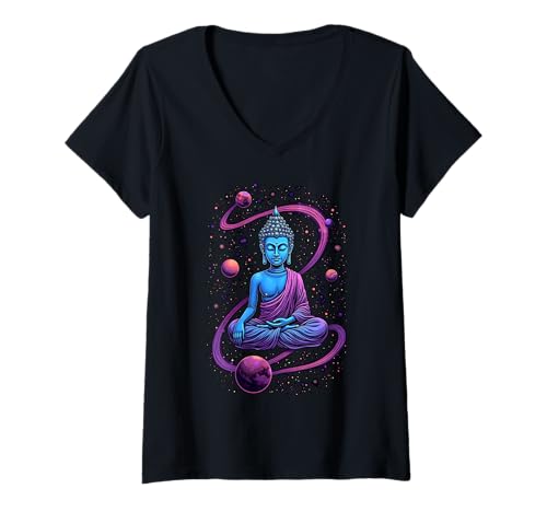 Damen Buddha im Weltraum meditiert kosmische spirituelle Kunst T-Shirt mit V-Ausschnitt von Cosmic Buddha Zen Space Meditation Wear