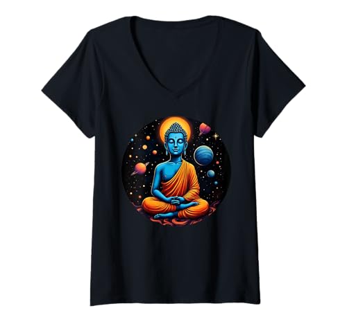 Damen Buddha im Weltraum meditiert kosmische spirituelle Kunst T-Shirt mit V-Ausschnitt Damen Buddha im Weltraum meditiert kosmische spirituelle Kunst T-Shirt mit V-Ausschnitt von Cosmic Buddha Zen Space Meditation Wear