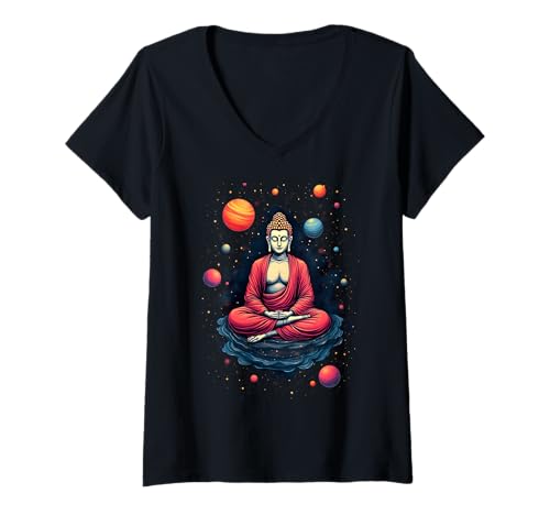 Damen Buddha im Weltraum meditiert kosmische spirituelle Kunst T-Shirt mit V-Ausschnitt Damen Buddha im Weltraum meditiert kosmische spirituelle Kunst T-Shirt mit V-Ausschnitt von Cosmic Buddha Zen Space Meditation Wear