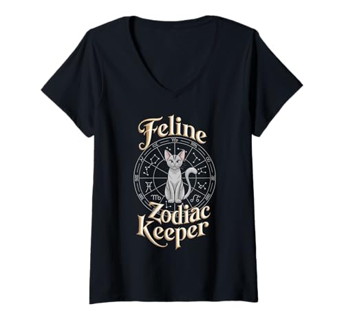 Damen Tierkreis-Keeper-Design mit Katzenmotiv T-Shirt mit V-Ausschnitt Damen Tierkreis-Keeper-Design mit Katzenmotiv T-Shirt mit V-Ausschnitt von Cosmic Cat Creations