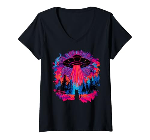 Damen Alien Entführung Katze UFO Vaporwave Art Geschenk T-Shirt mit V-Ausschnitt Damen Alien Entführung Katze UFO Vaporwave Art Geschenk T-Shirt mit V-Ausschnitt von Cosmic Cat Encounters