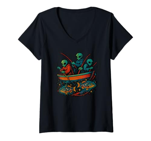 Damen Aliens Angeln im Boot beim Fangen von Sternenfischen T-Shirt mit V-Ausschnitt Damen Aliens Angeln im Boot beim Fangen von Sternenfischen T-Shirt mit V-Ausschnitt von Cosmic Catchers